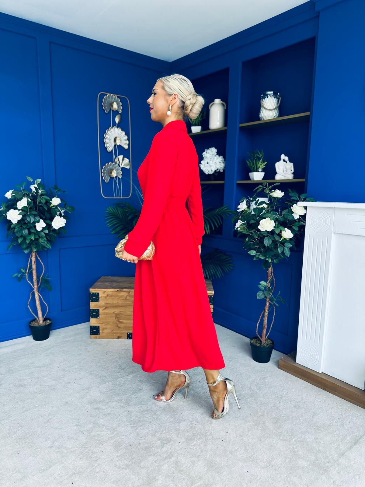 Brooke Button Detail Midi Dress Red