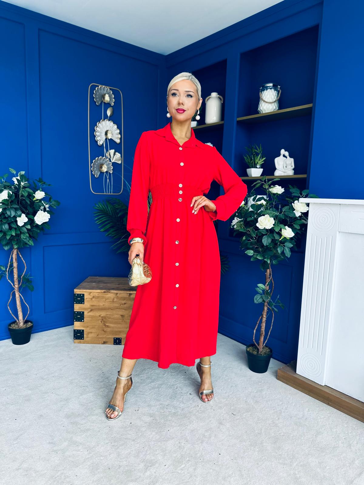 Brooke Button Detail Midi Dress Red