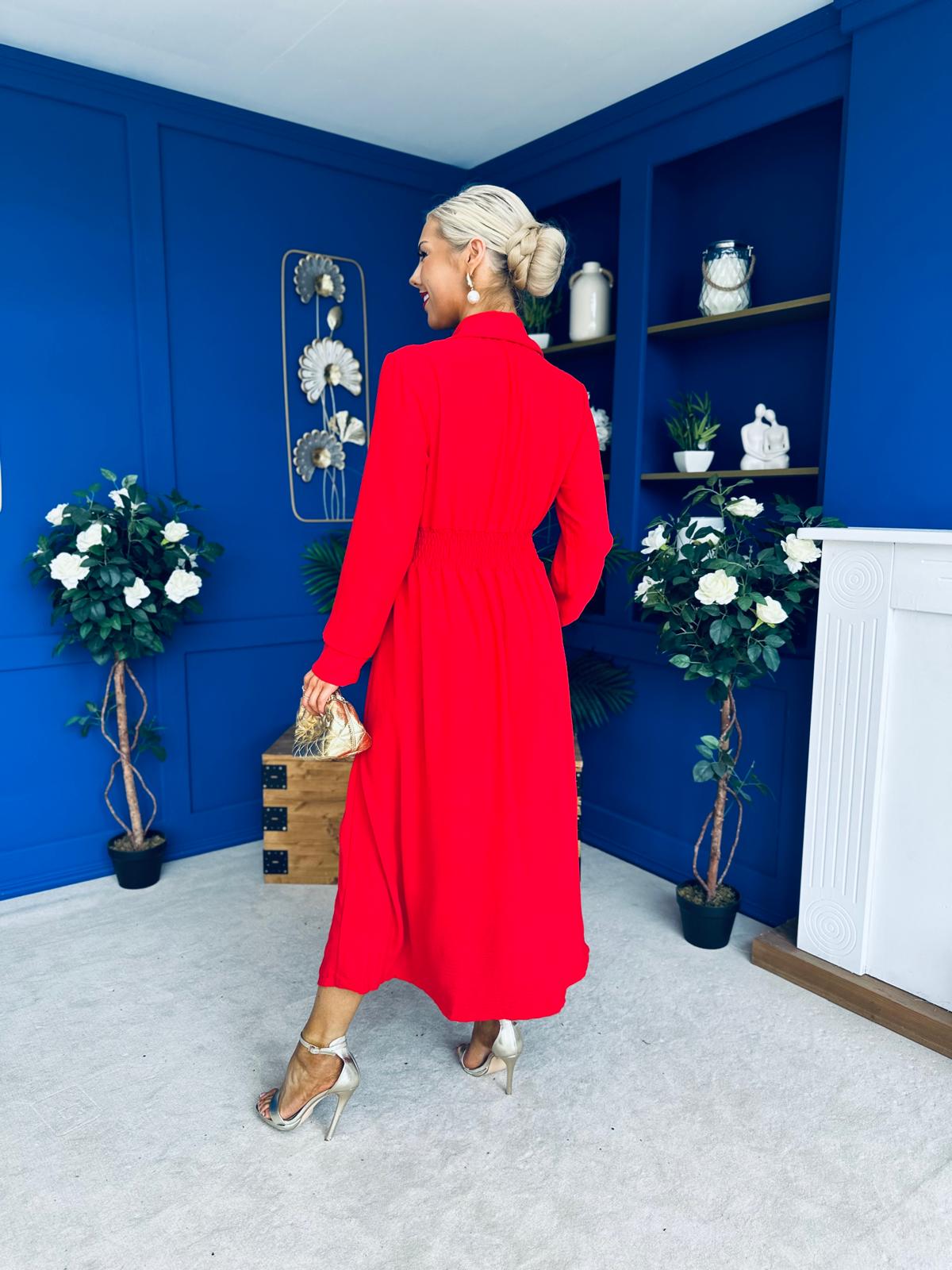 Brooke Button Detail Midi Dress Red