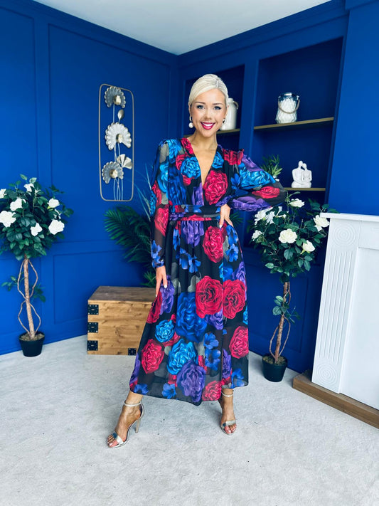 Sabrina Banded Midi Dress Black Floral Blue