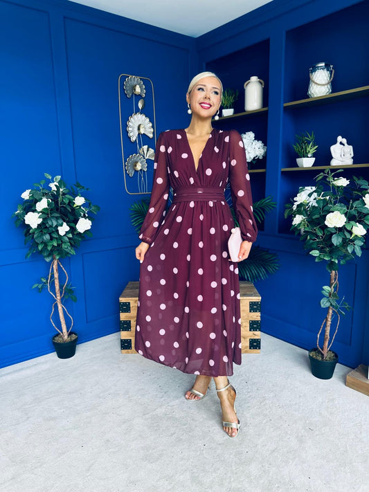 Sabrina Banded Midi Dress Polka Burgundy