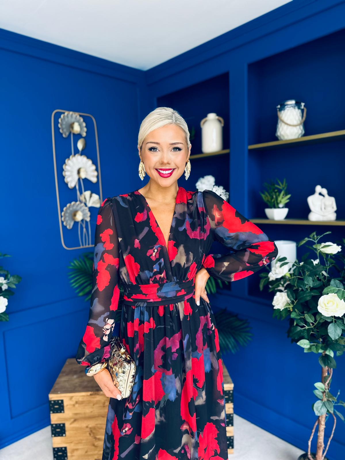 Sabrina Banded Midi Dress Black Floral Red