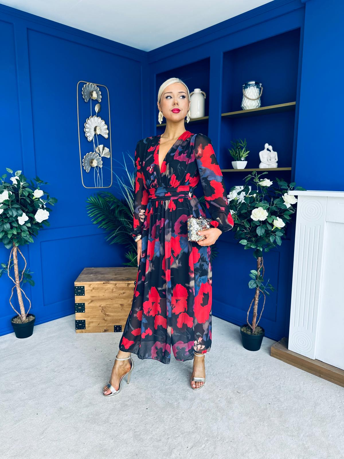 Sabrina Banded Midi Dress Black Floral Red