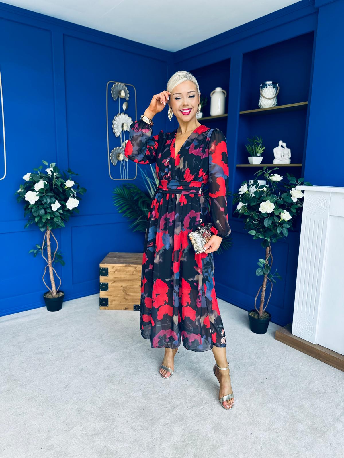 Sabrina Banded Midi Dress Black Floral Red