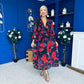 Sabrina Banded Midi Dress Black Floral Red