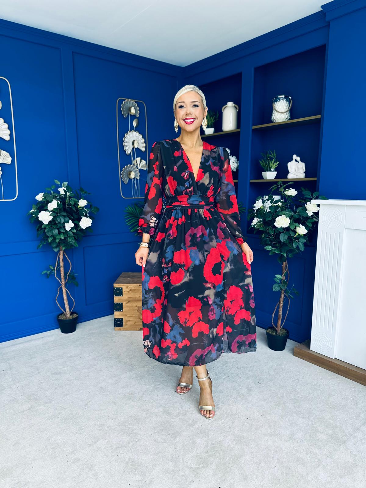Sabrina Banded Midi Dress Black Floral Red