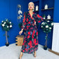 Sabrina Banded Midi Dress Black Floral Red