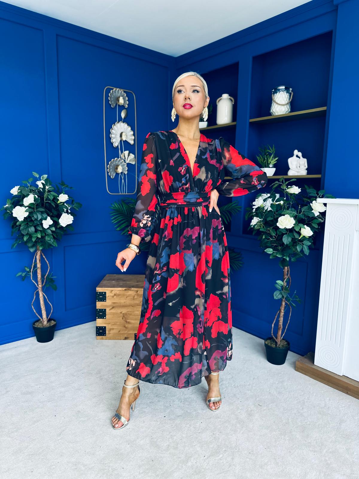 Sabrina Banded Midi Dress Black Floral Red