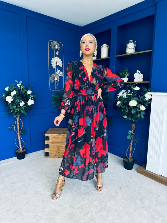 Sabrina Banded Midi Dress Black Floral Red
