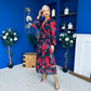 Sabrina Banded Midi Dress Black Floral Red