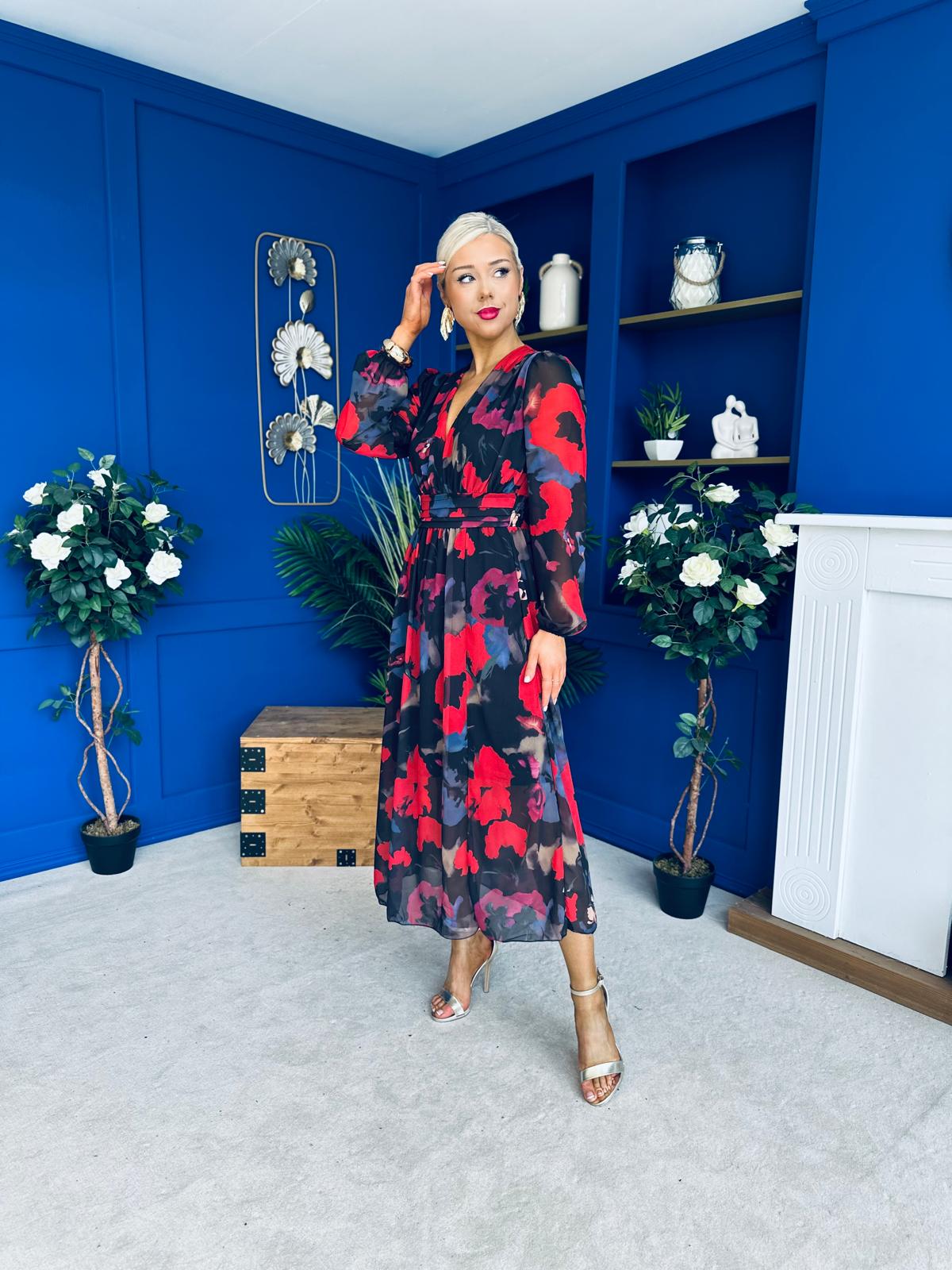 Sabrina Banded Midi Dress Black Floral Red