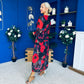 Sabrina Banded Midi Dress Black Floral Red