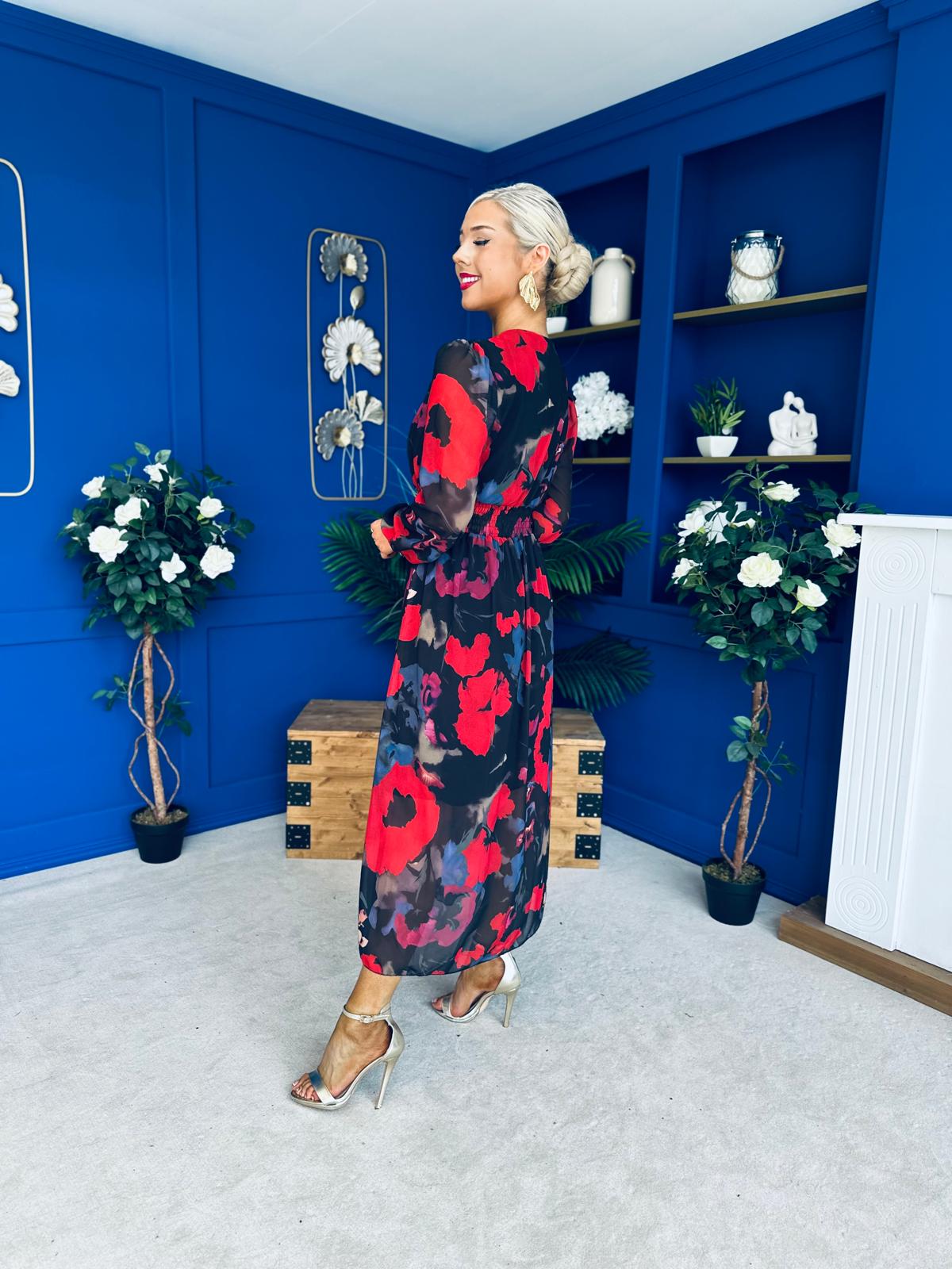 Sabrina Banded Midi Dress Black Floral Red