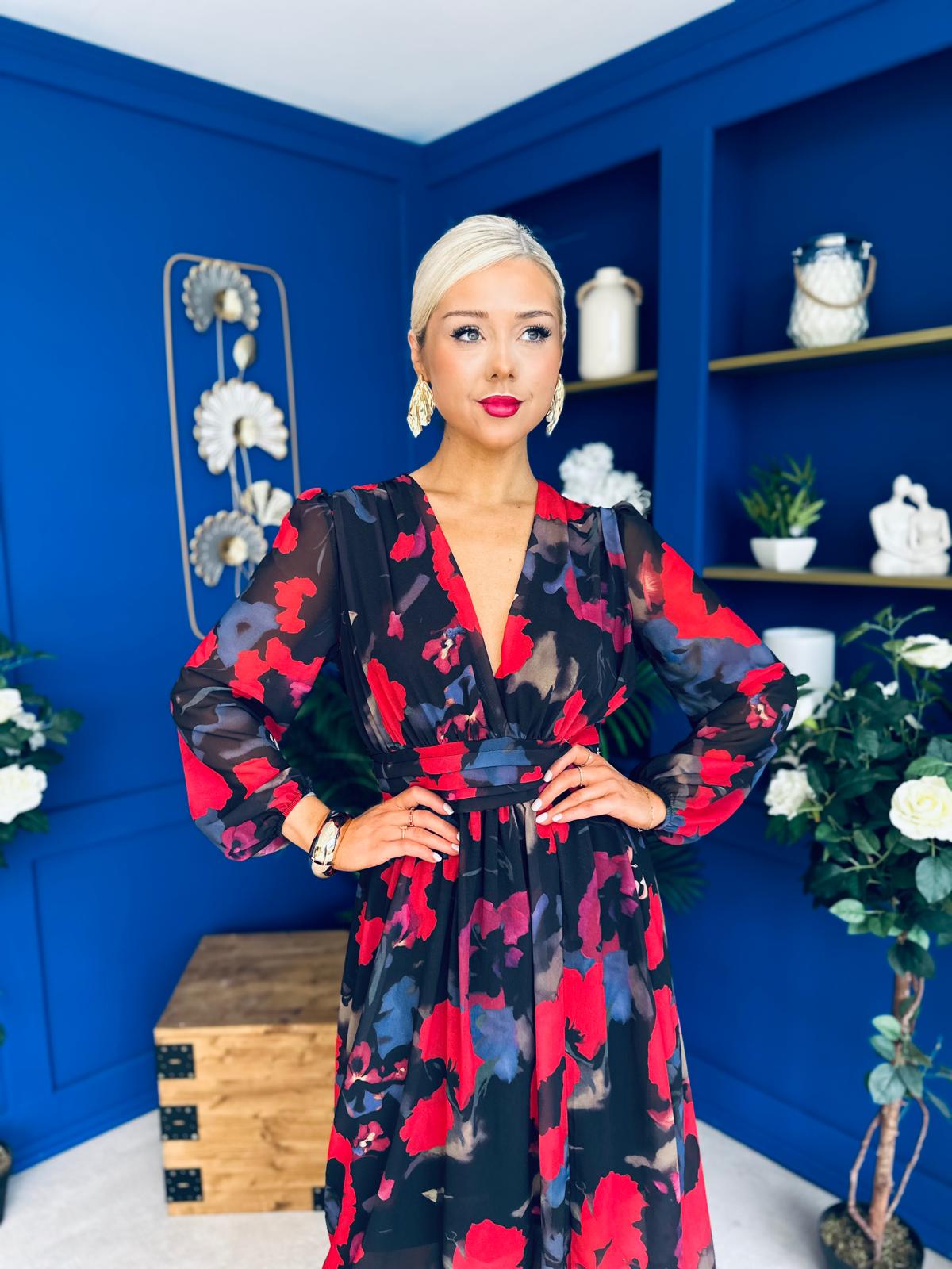 Sabrina Banded Midi Dress Black Floral Red