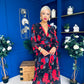 Sabrina Banded Midi Dress Black Floral Red