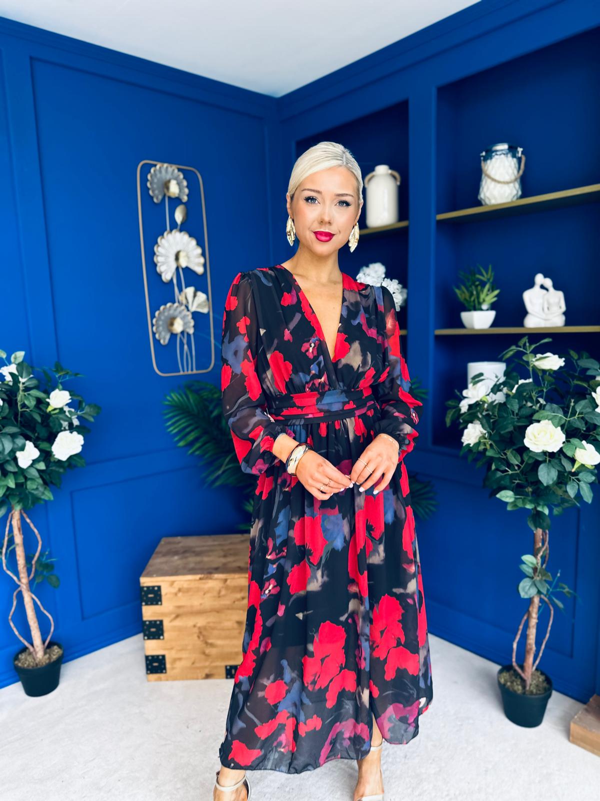 Sabrina Banded Midi Dress Black Floral Red