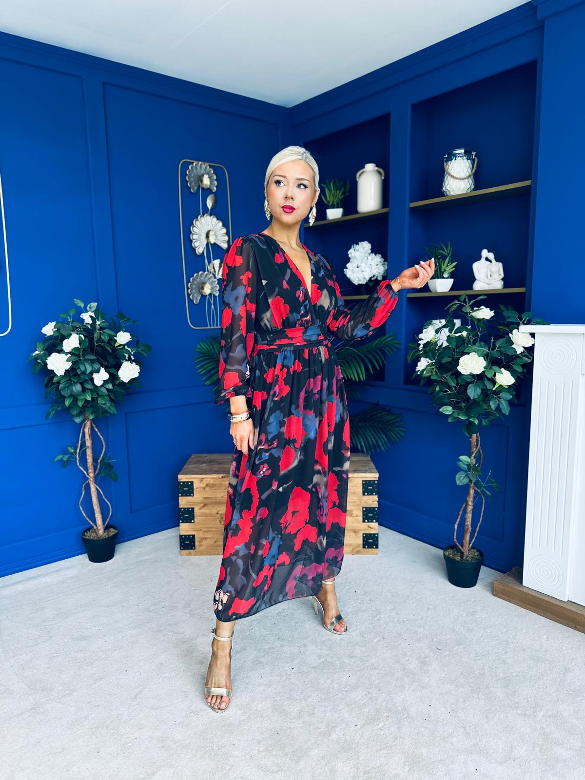 Sabrina Banded Midi Dress Black Floral Red