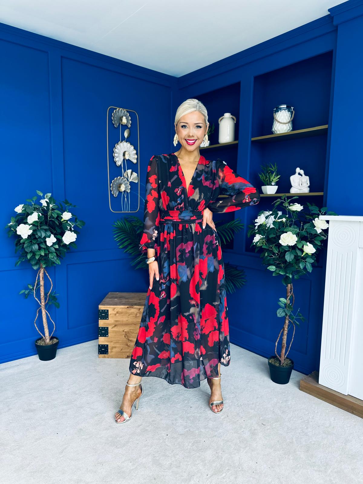 Sabrina Banded Midi Dress Black Floral Red