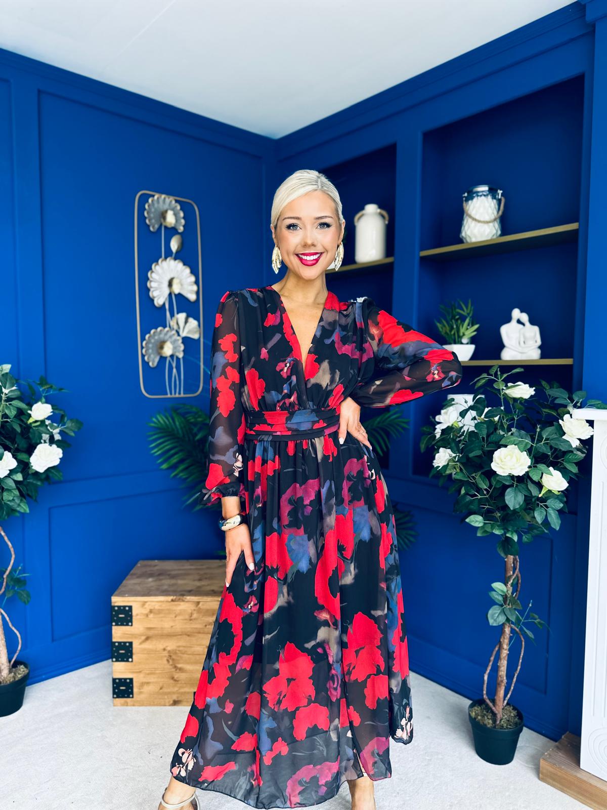 Sabrina Banded Midi Dress Black Floral Red