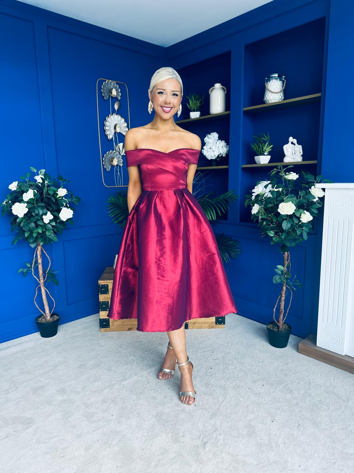 Daphne Off The Shoulder Skater Midi Dress Plum