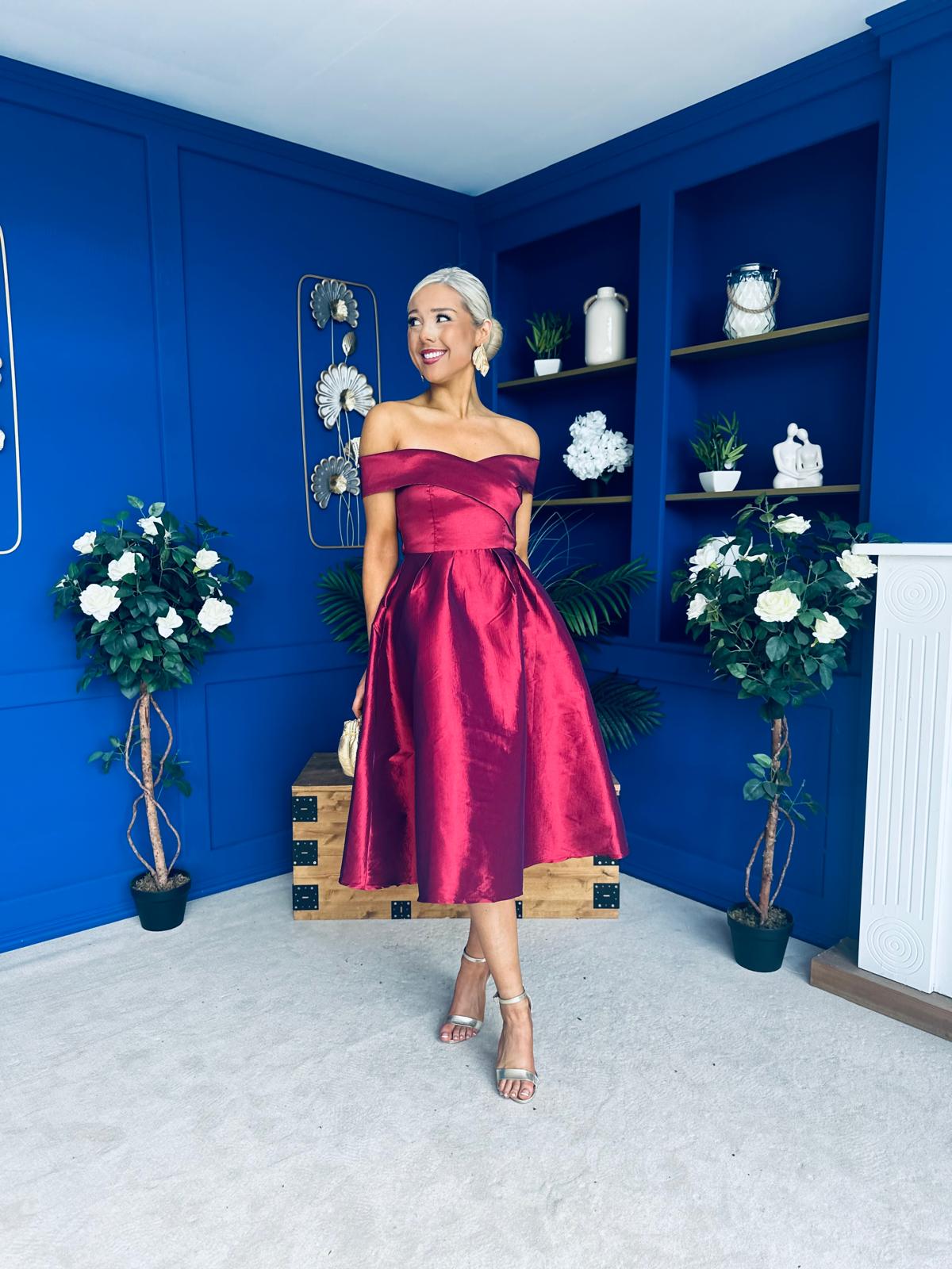 Daphne Off The Shoulder Skater Midi Dress Plum