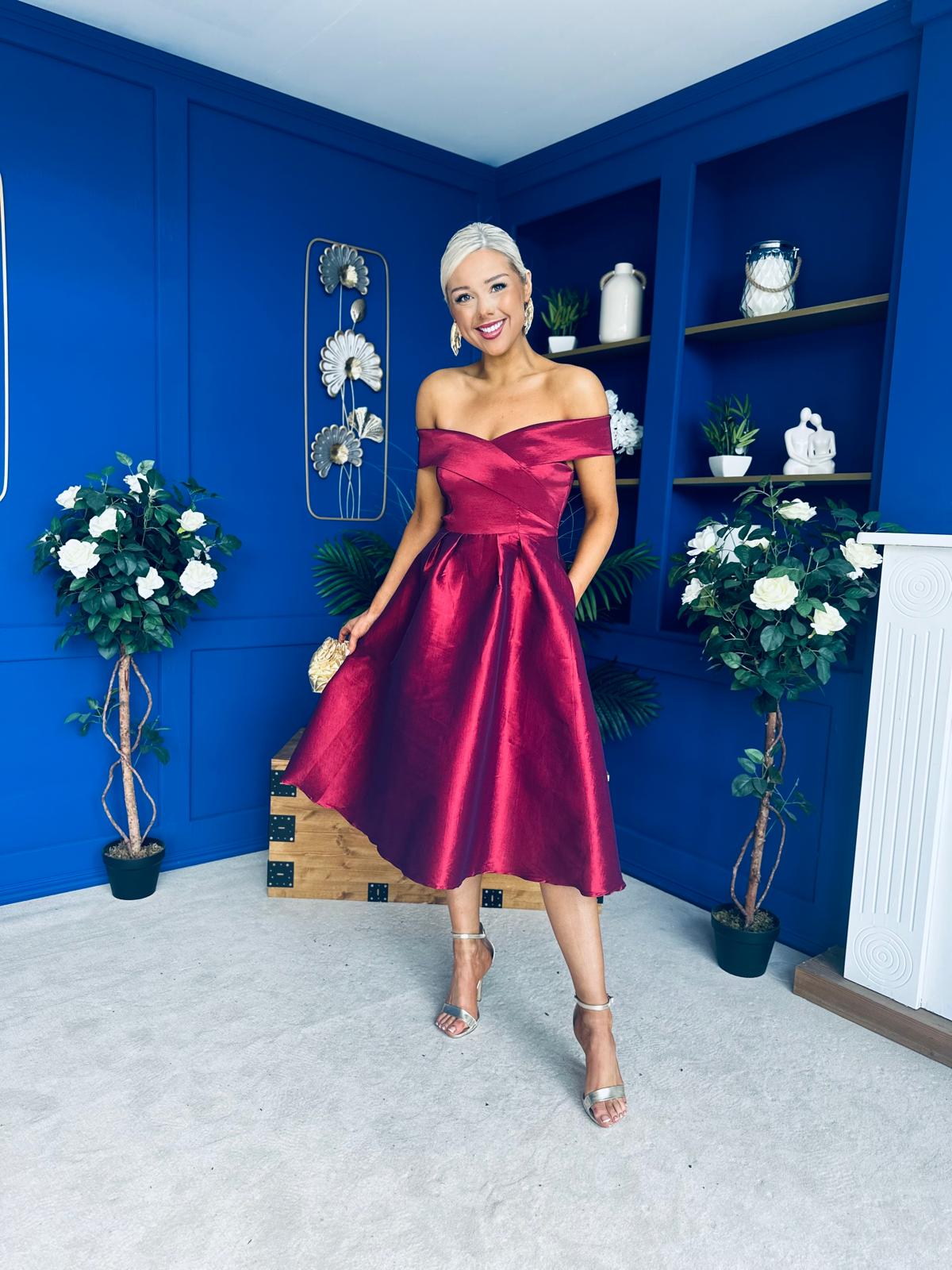 Daphne Off The Shoulder Skater Midi Dress Plum
