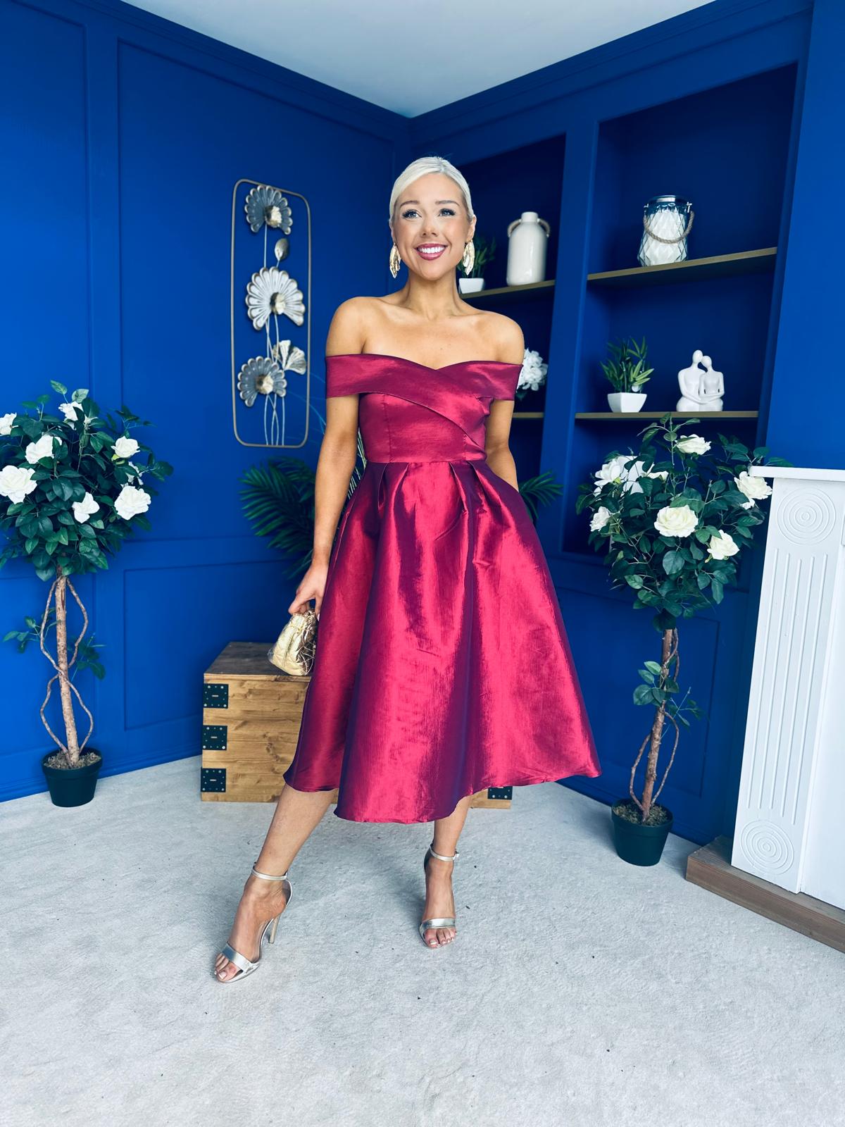 Daphne Off The Shoulder Skater Midi Dress Plum