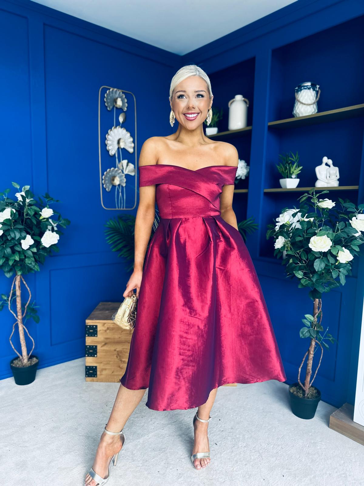 Daphne Off The Shoulder Skater Midi Dress Plum