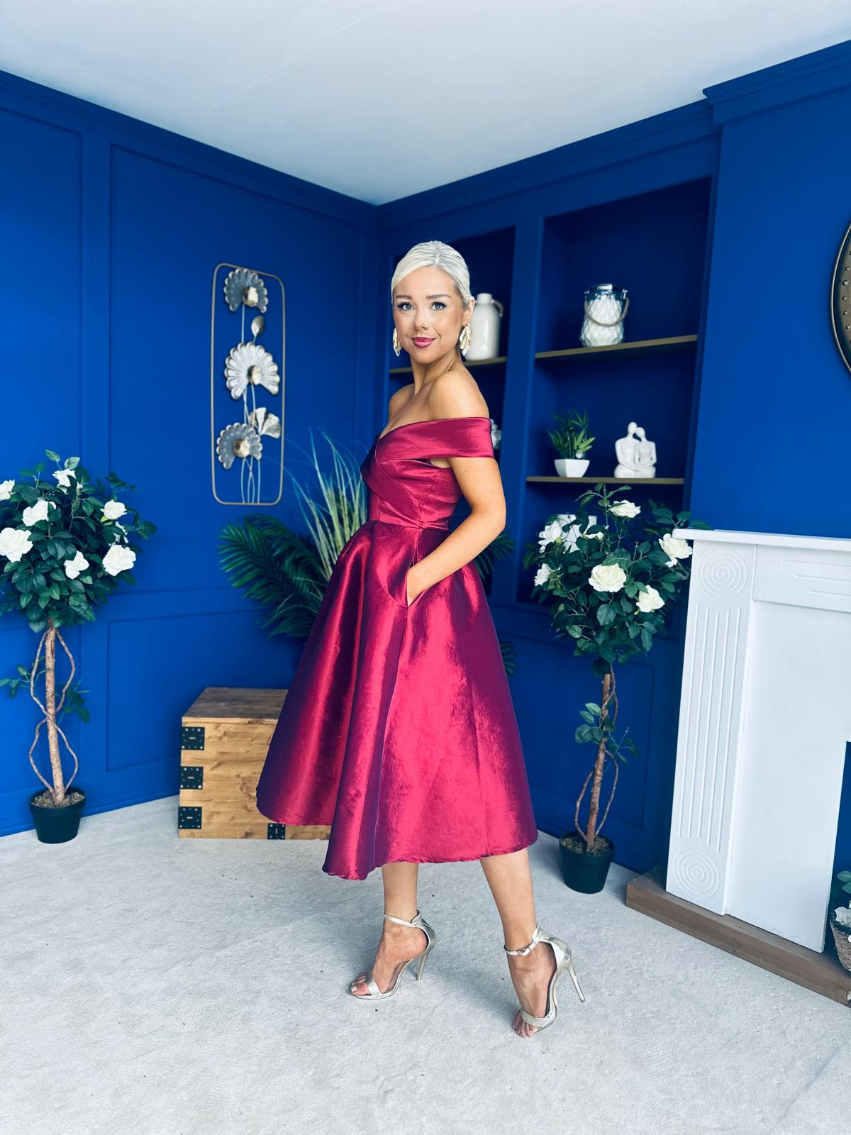 Daphne Off The Shoulder Skater Midi Dress Plum