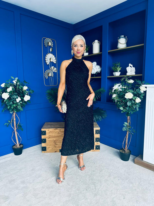Mira Halterneck Shimmer Midi Dress Black