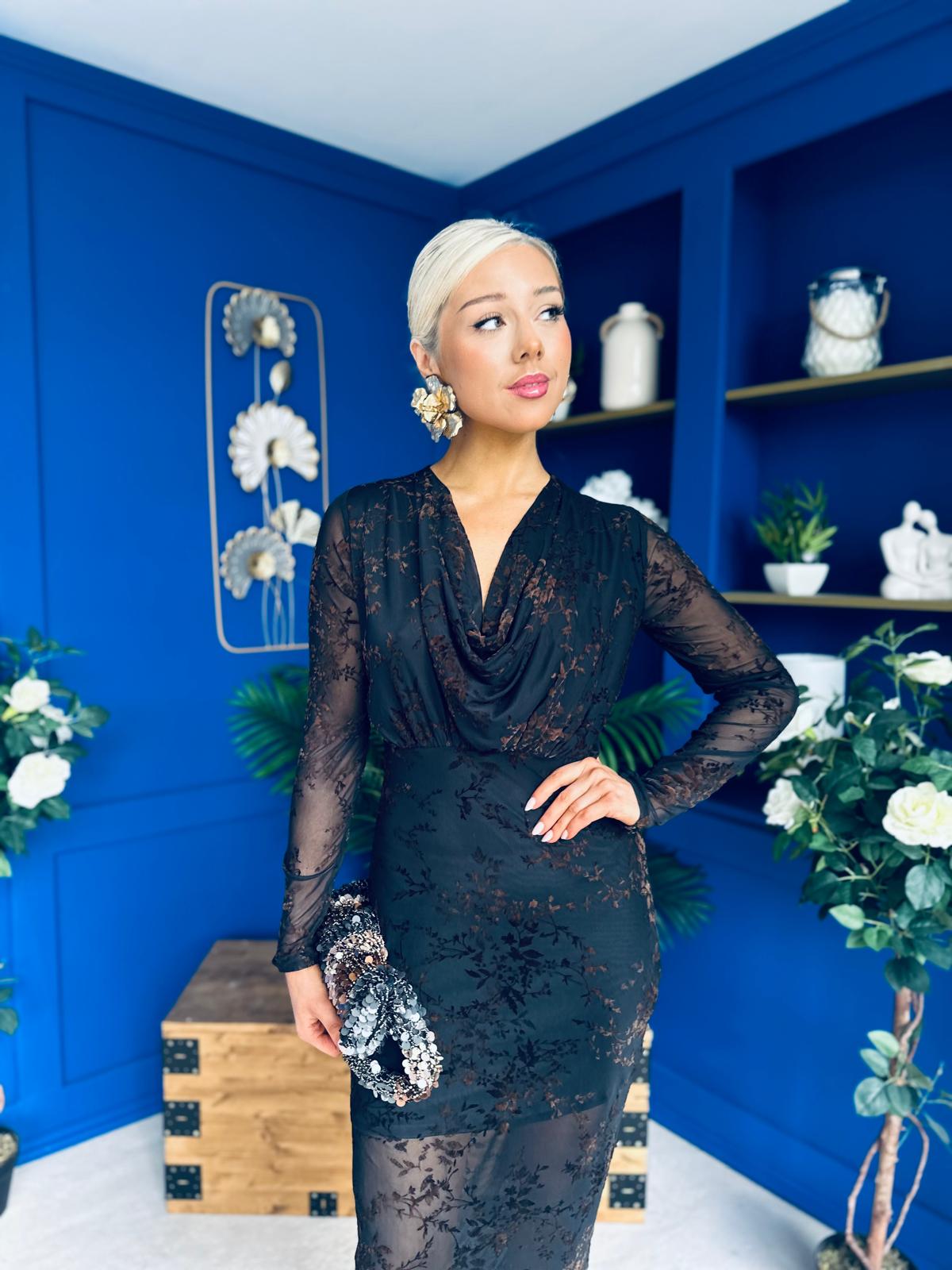 Remington Flocked Floral Cowl Neck Midi Dress Black