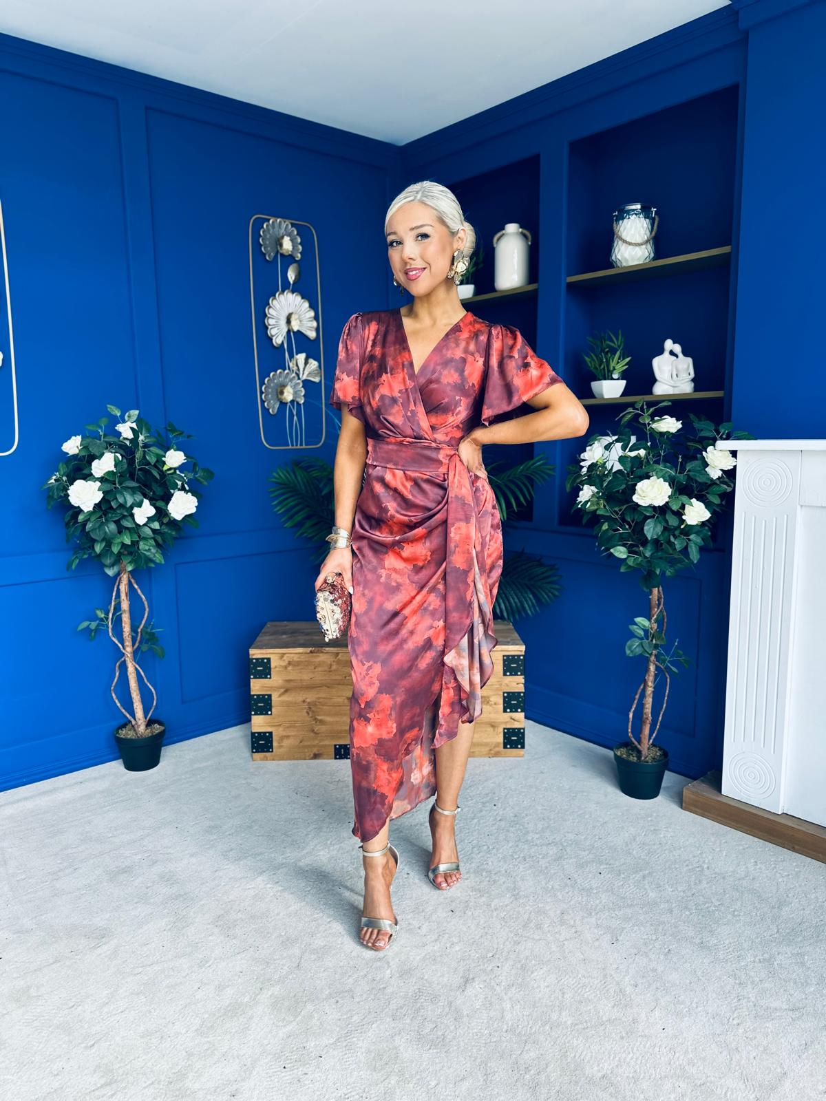 Drew Puff Sleeve Midi Dress Marble Ruby