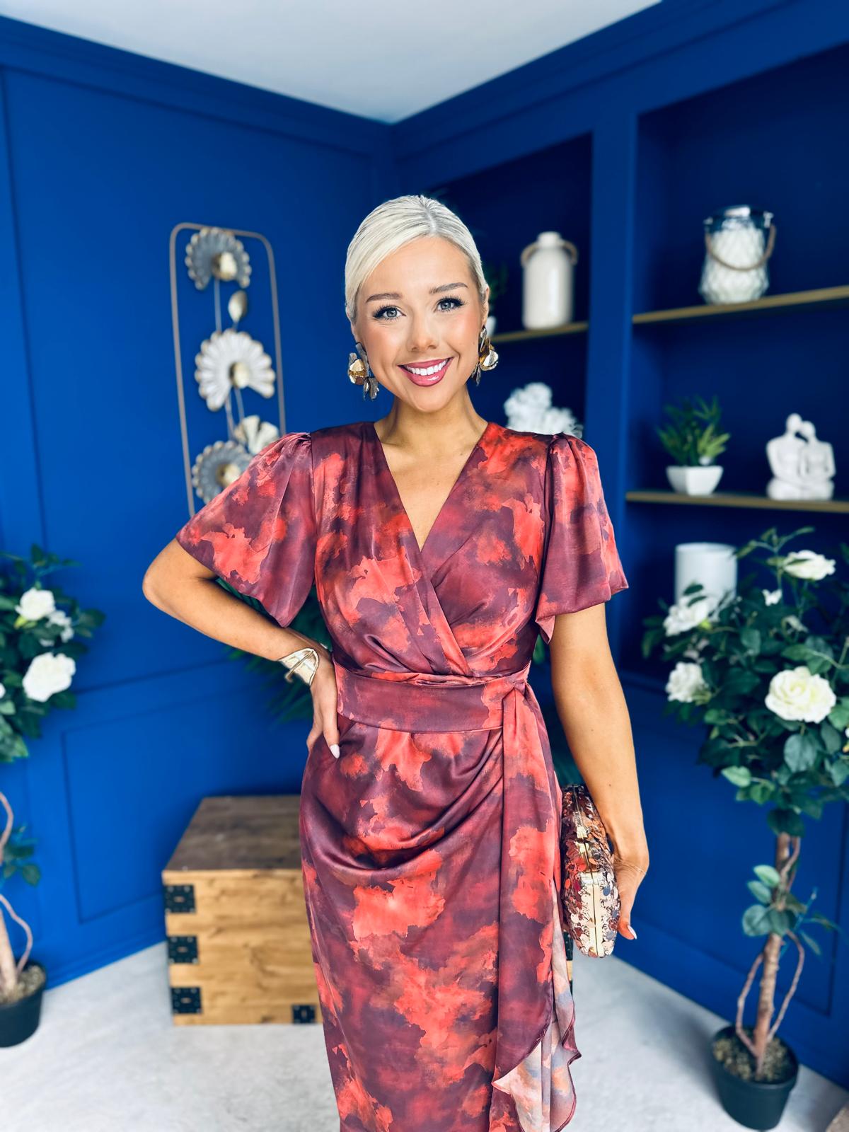 Drew Puff Sleeve Midi Dress Marble Ruby