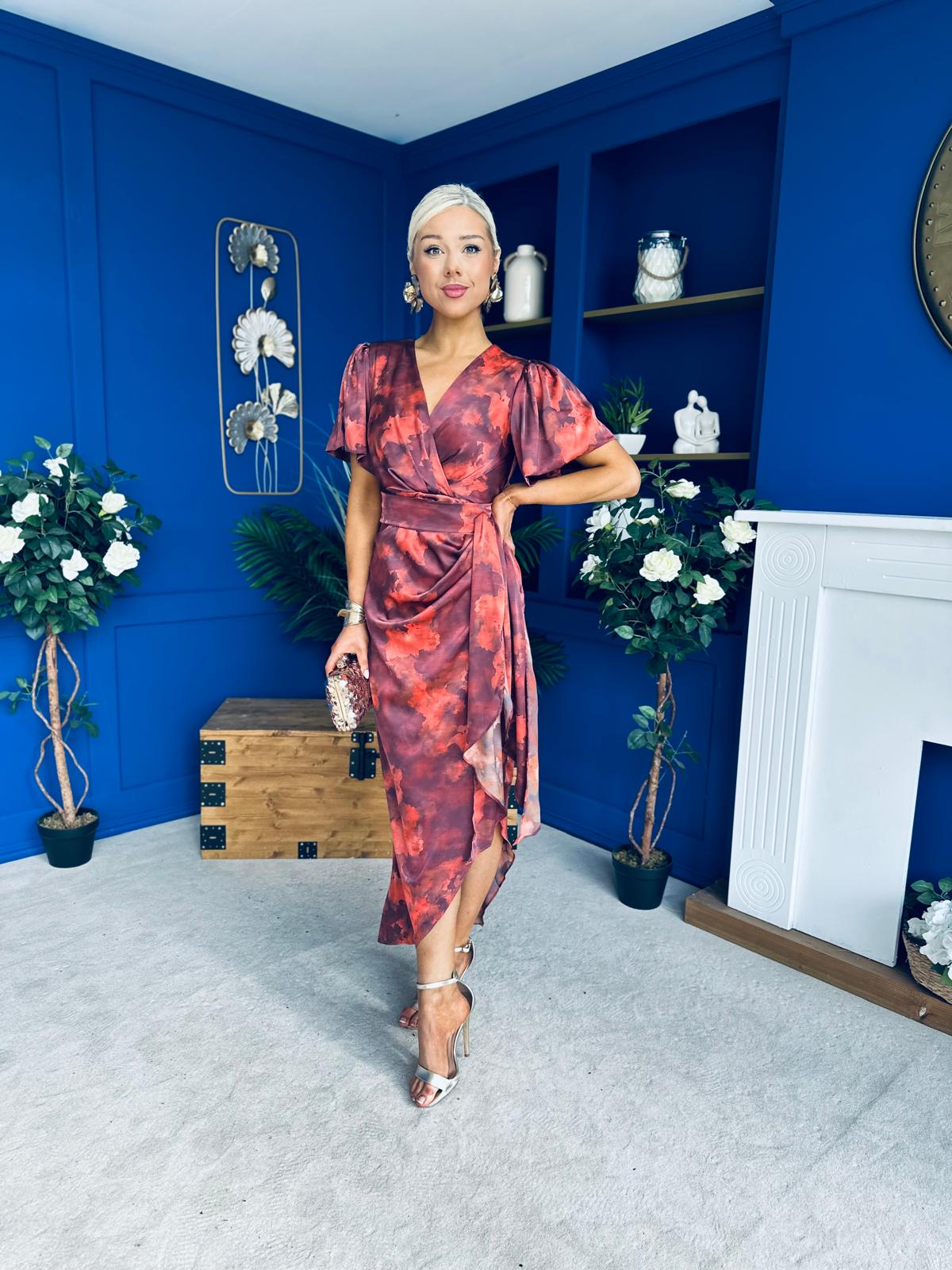 Drew Puff Sleeve Midi Dress Marble Ruby