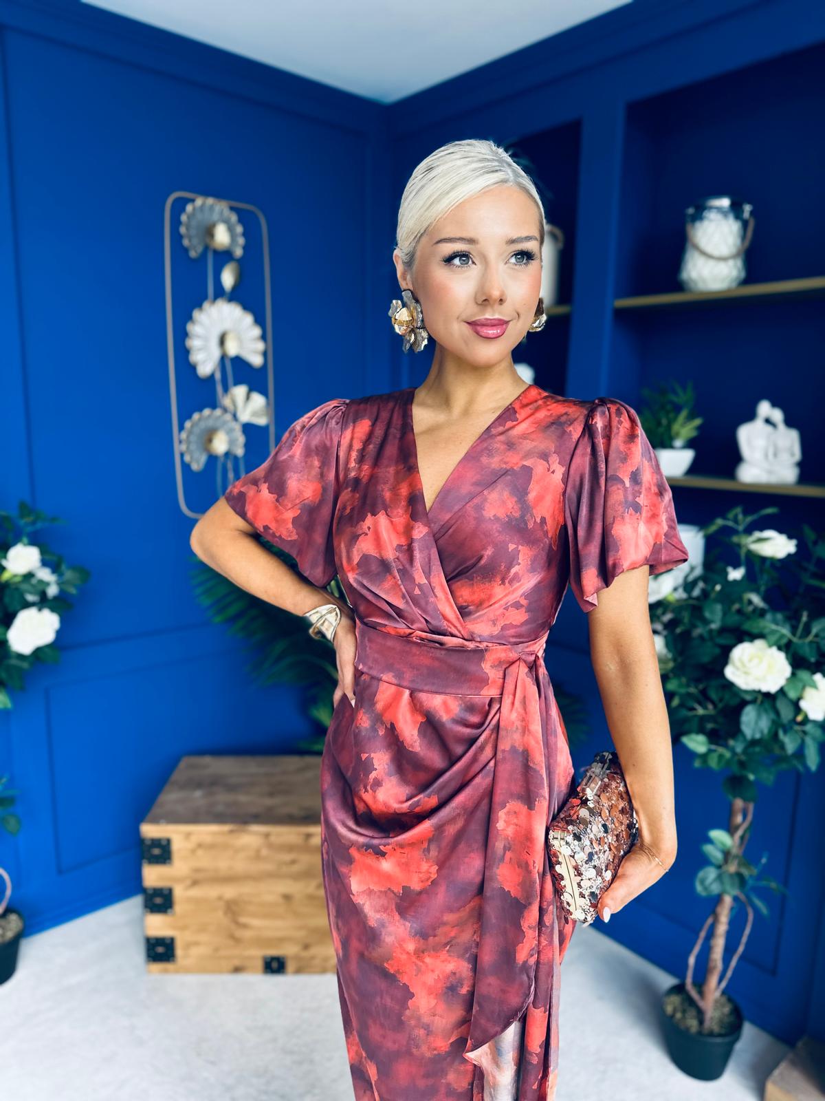 Drew Puff Sleeve Midi Dress Marble Ruby
