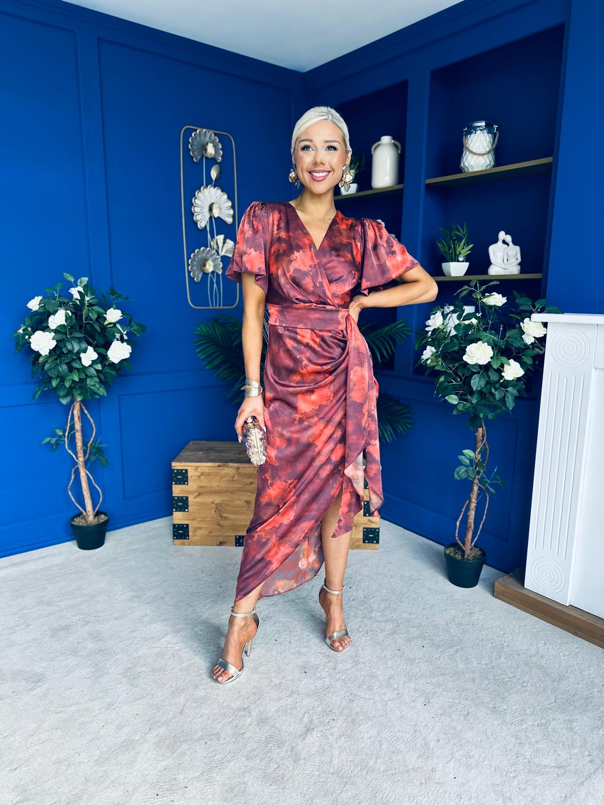 Drew Puff Sleeve Midi Dress Marble Ruby