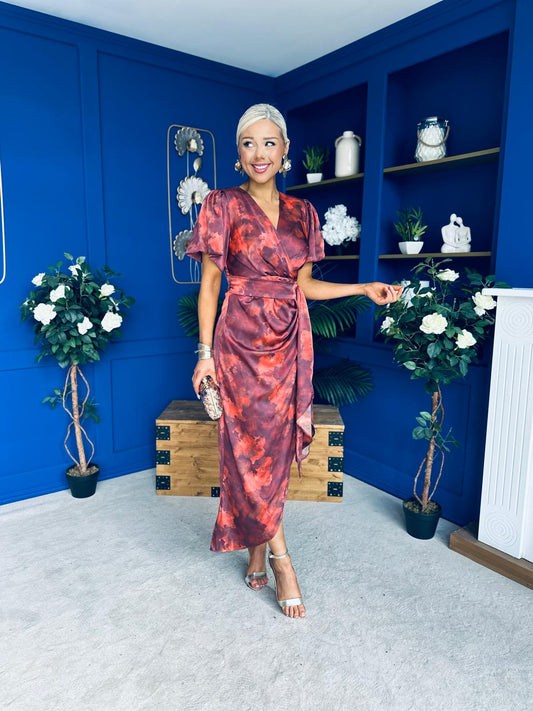 Drew Puff Sleeve Midi Dress Marble Ruby