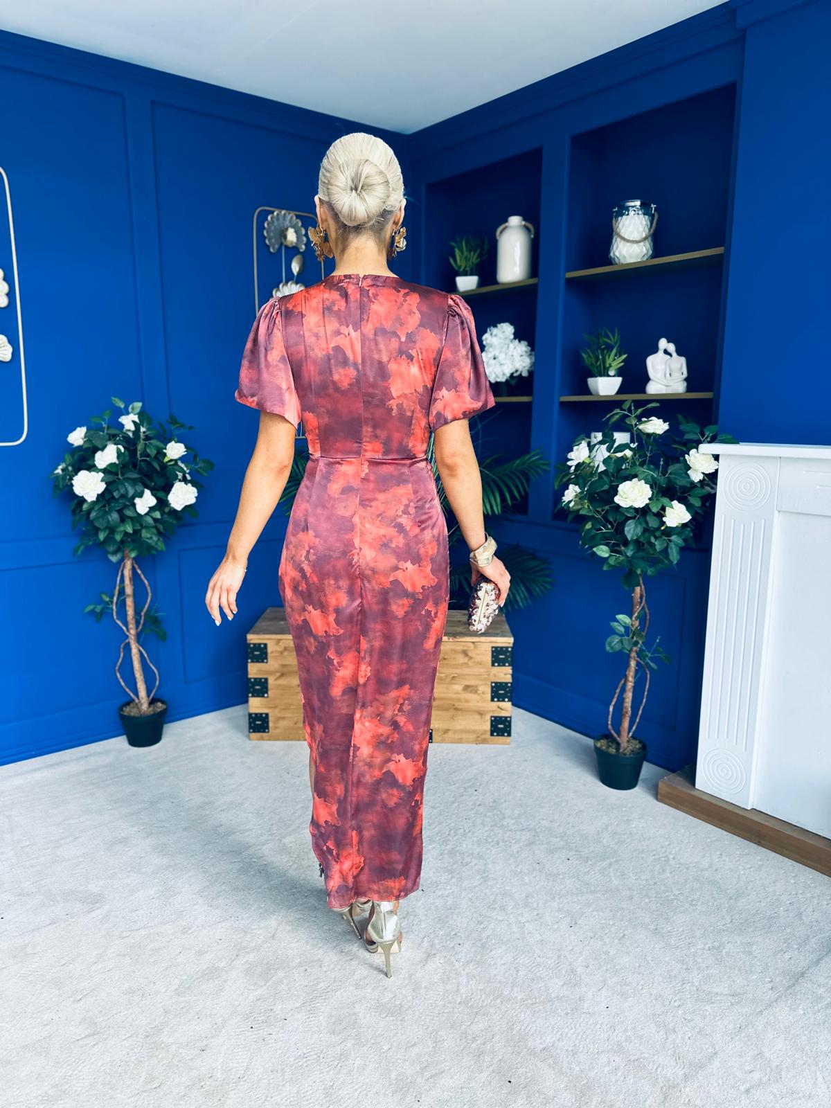 Drew Puff Sleeve Midi Dress Marble Ruby