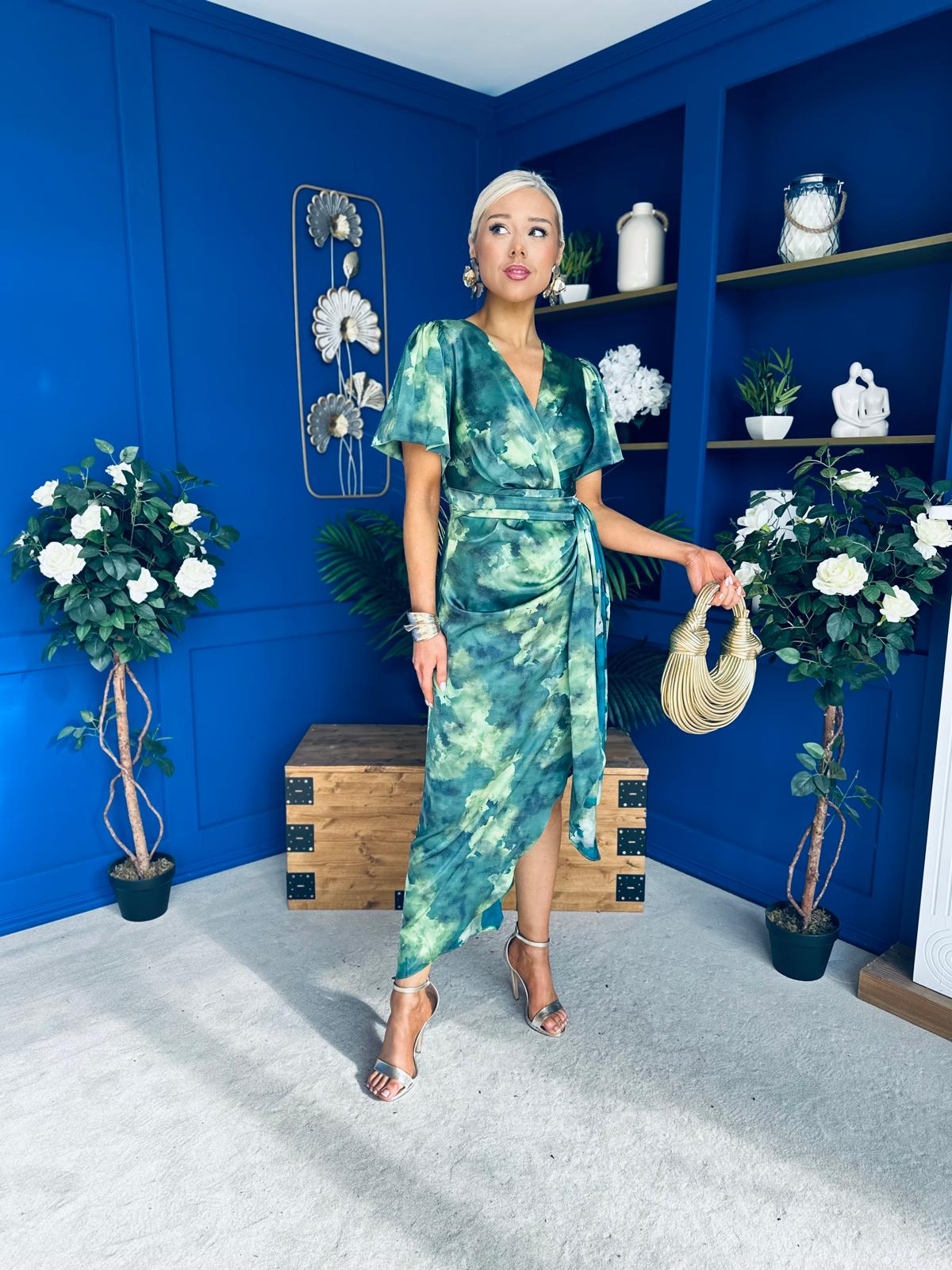 Drew Puff Sleeve Midi Dress Marble Green