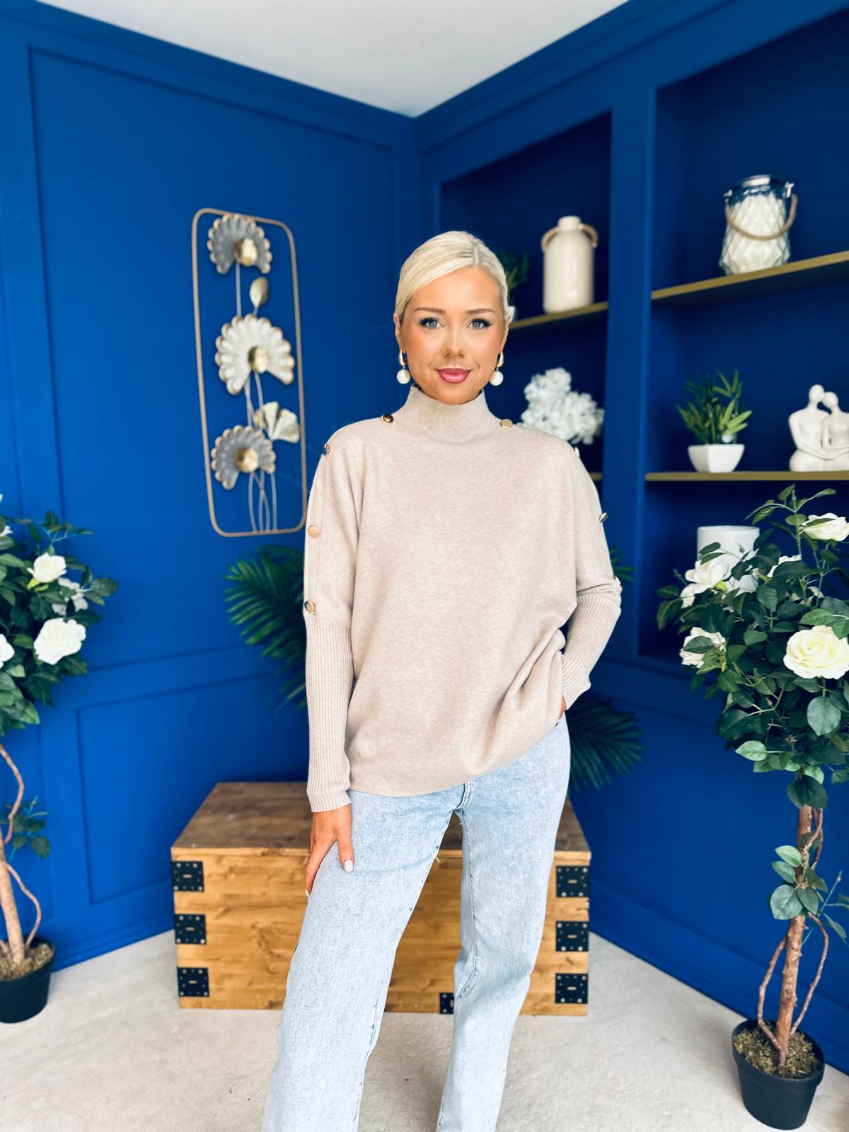 Denise Button Detail Knit Jumper Taupe