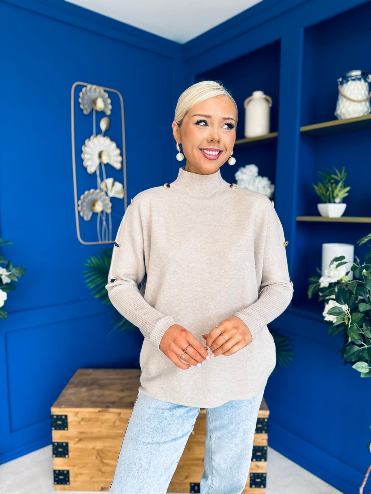 Denise Button Detail Knit Jumper Taupe