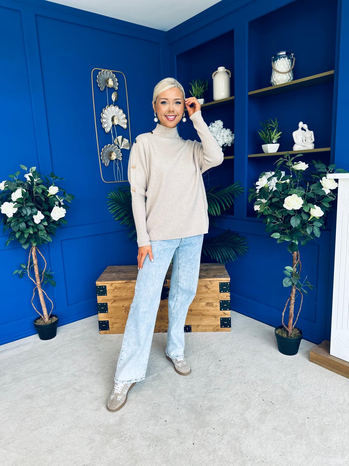 Denise Button Detail Knit Jumper Taupe