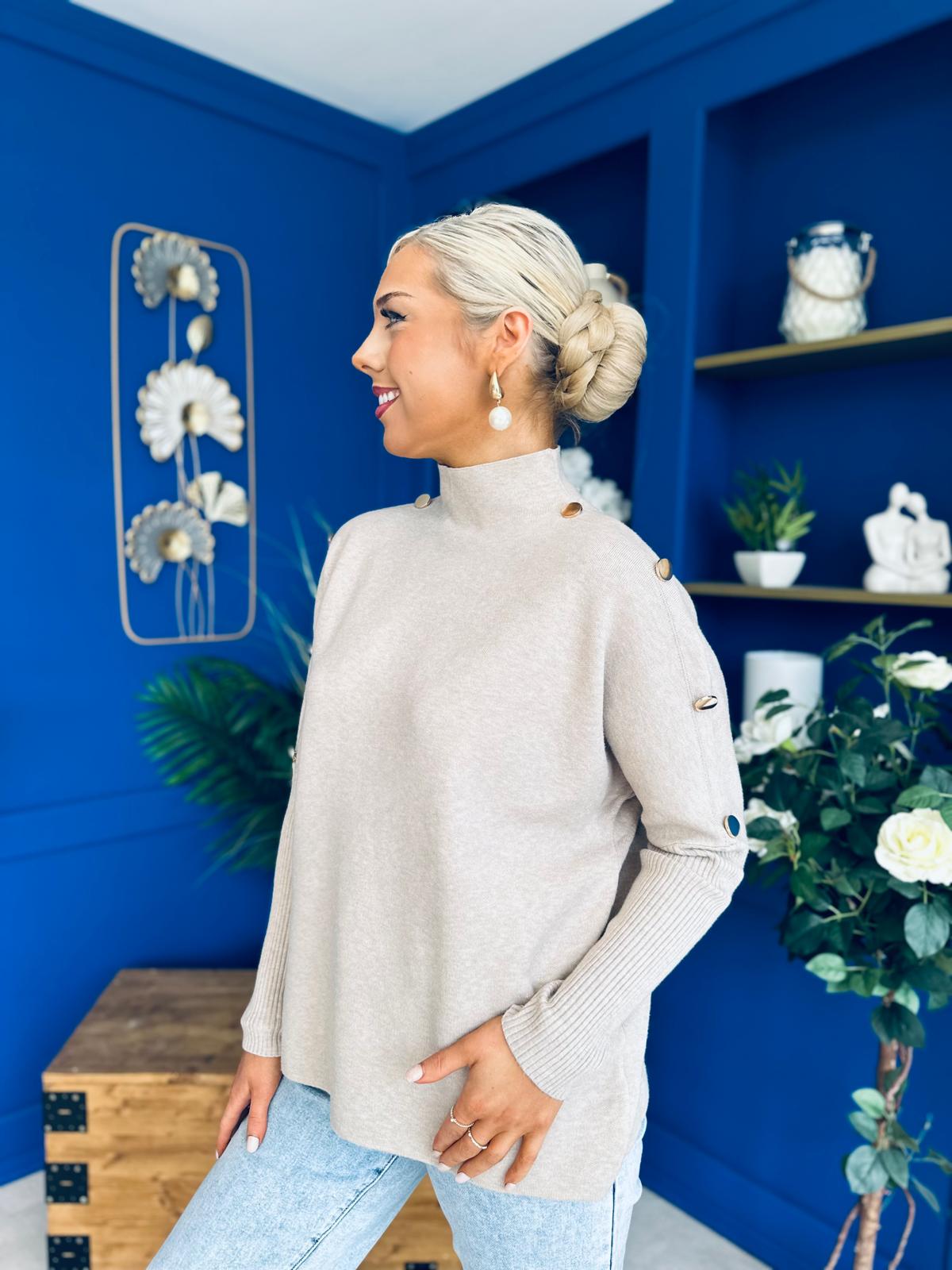 Denise Button Detail Knit Jumper Taupe