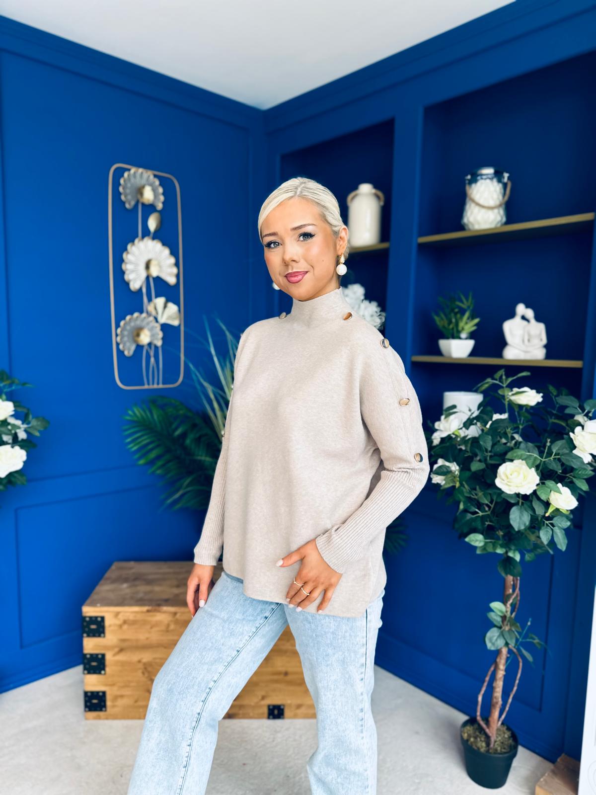 Denise Button Detail Knit Jumper Taupe