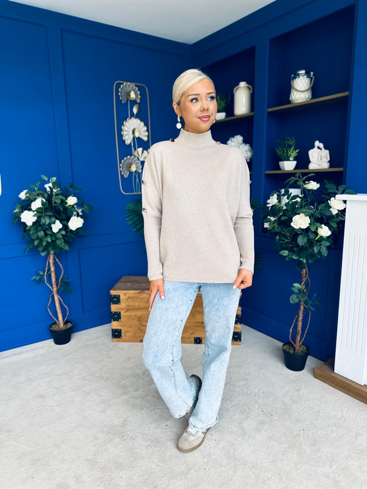 Denise Button Detail Knit Jumper Taupe