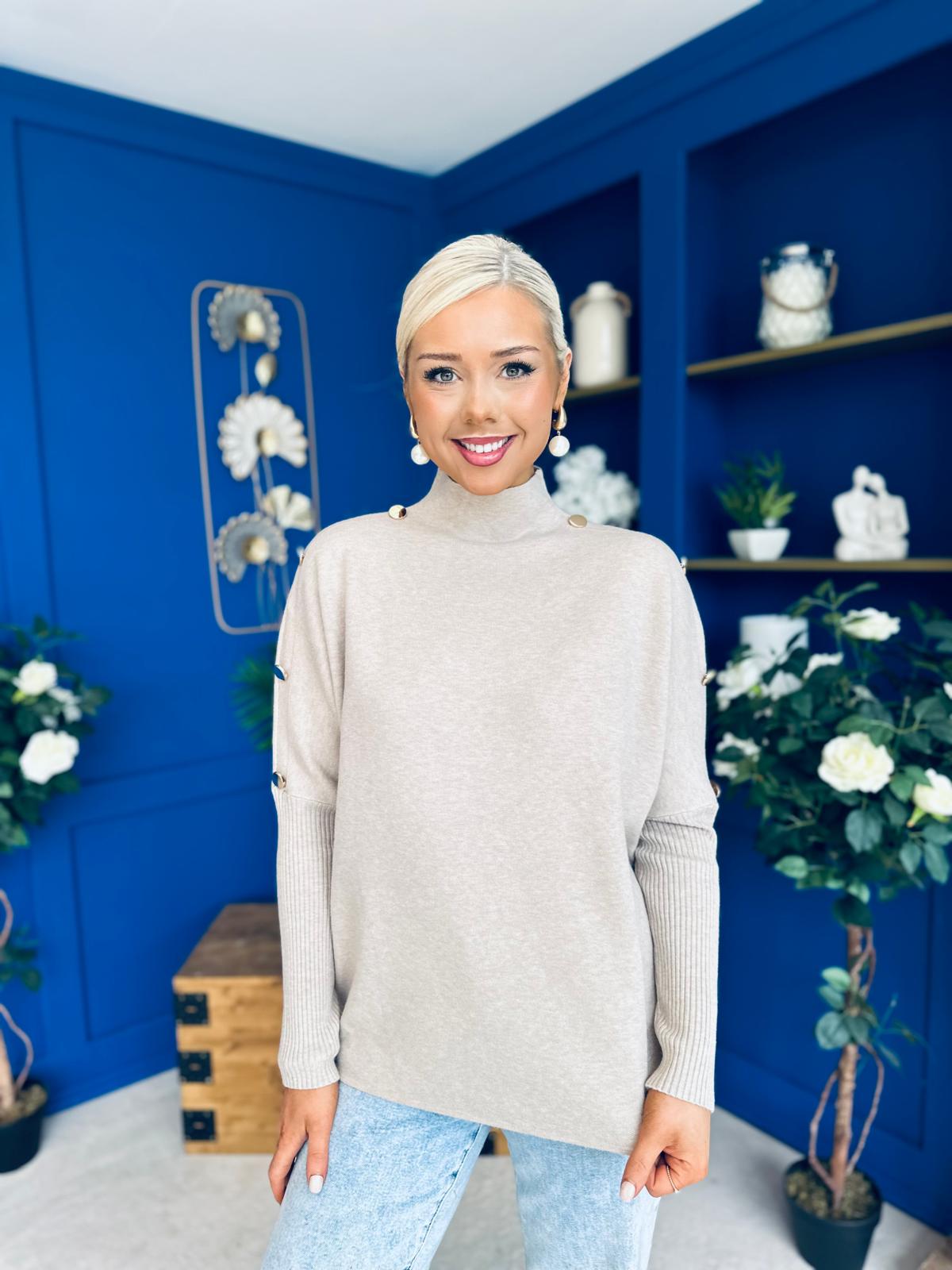 Denise Button Detail Knit Jumper Taupe