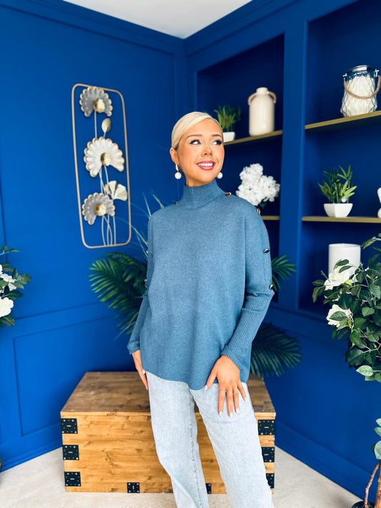 Denise Button Detail Knit Jumper Blue