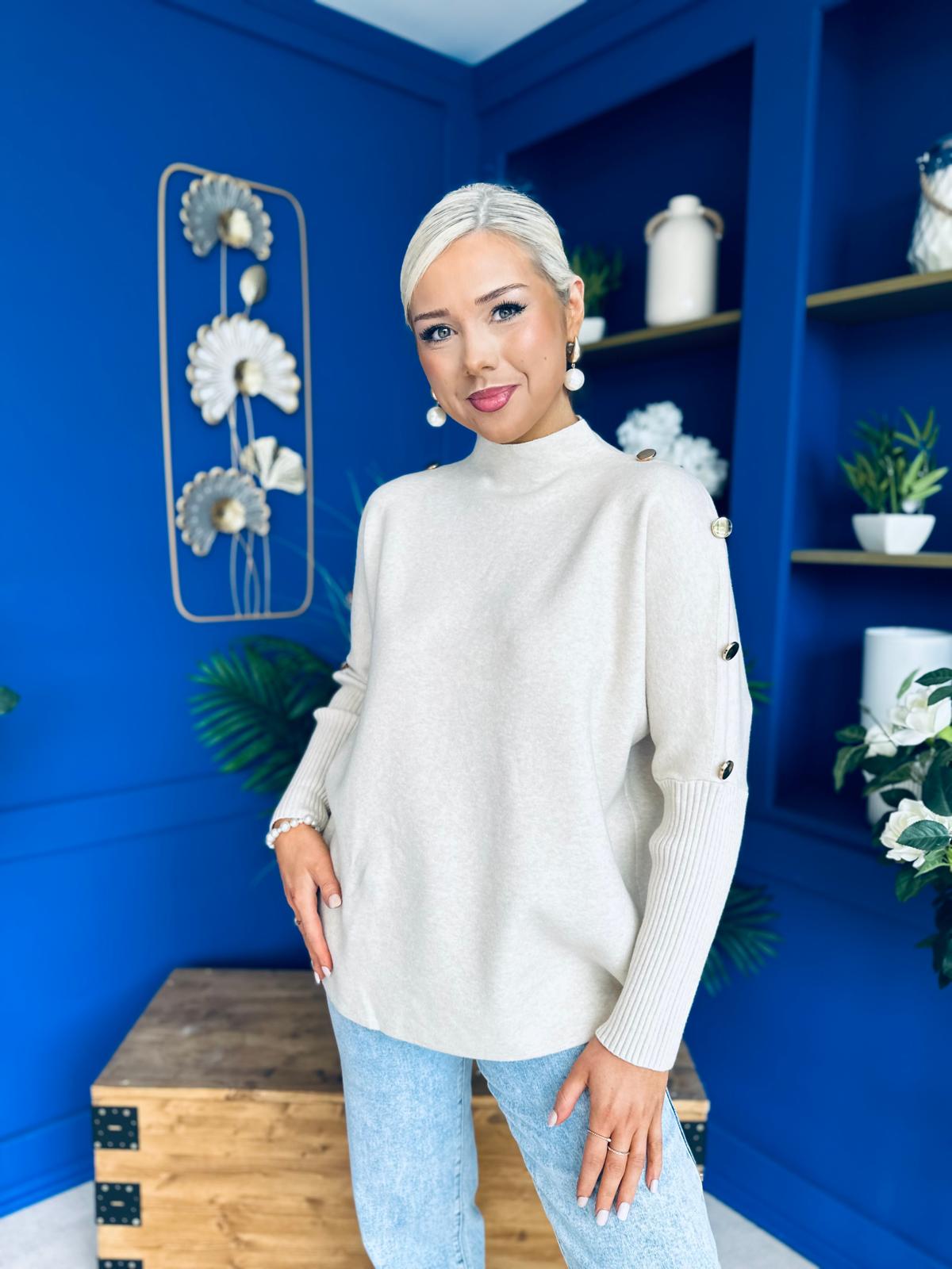 Denise Button Detail Knit Jumper Beige