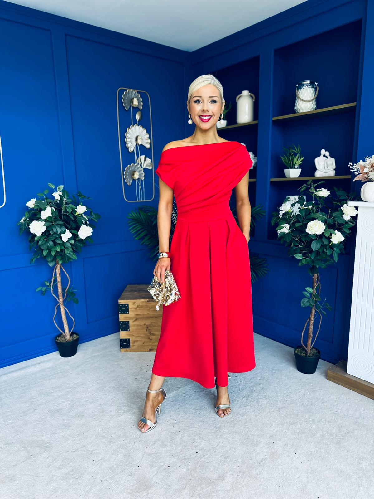 Breffy Asymmetric Neckline Skater Midi Red PRE ORDER Arriving Oct 3