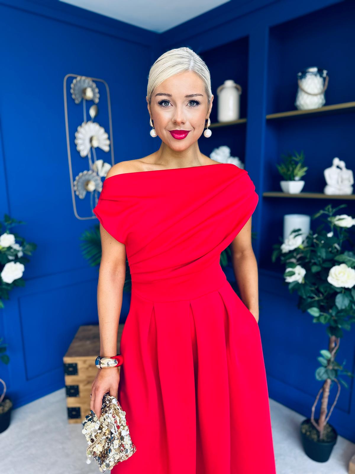 Breffy Asymmetric Neckline Skater Midi Red PRE ORDER Arriving Oct 3